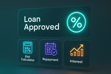 Obraz premium Loan approval concept with glowing icons for EMI calculator, repayment schedule, and interest growth, representing financial planning and positive loan status