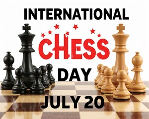 International Chess Day Graphic with Black and White Chess Pieces on Board, Celebrating July 20 Global Event