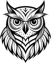 Fototapeta premium Majestic Ornate Owl Head, Black and White Tribal Design, Wildlife Art, Vector Illustration
