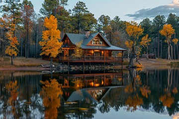 A quiet lakeside cabin with a large front porch, surrounded by pine trees, and reflecting off the calm water