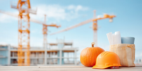 Construction helmet pumpkin and blueprints on wooden table with cranes and building under construction in background for halloween celebration