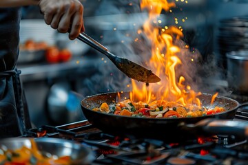 A chef preparing a gourmet meal in a restaurant kitchen, with flames rising from the stove and ingredients being added -