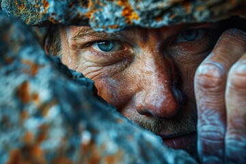 A dramatic close-up of a person’s hand gripping a rock climbing hold, with muscles tensed and focus in their eyes 