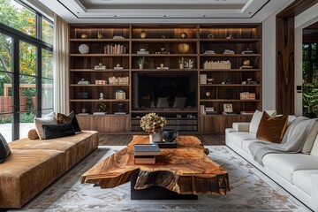 A large living room with rich dark wood flooring, a beautiful wooden coffee table, and a wall lined with wooden bookshelves. Soft textiles like velvet throw pillows add a touch of luxury. 