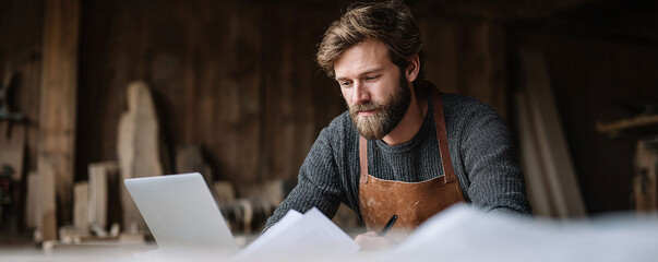 Focused artisan in workshop, blending traditional craft with digital tools. Ideal for concepts of entrepreneurship, skill, small business, and modern craftsmanship.