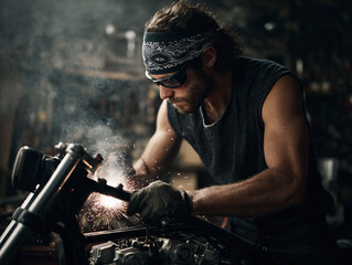 Focused mechanic welds a motorcycle frame in a dimly lit garage. Sparking action shot. Represents craftsmanship, skill, and the open road lifestyle. Grit  determination.
