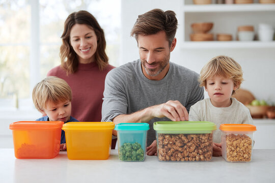 Happy family with two young children preparing healthy snacks in colorful containers in bright modern kitchen. Family values, healthy lifestyle concept.