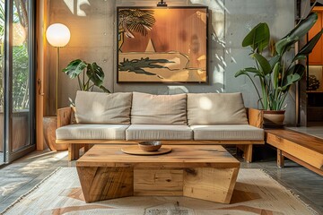 A mid-century modern wooden living room with sleek wooden furniture, a geometric wooden coffee table, and clean lines. The space has a minimalist vibe with natural wood finishes.
