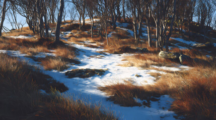 Remnants of winter on sparse slope vegetation with dry trunks and scattered snow patches