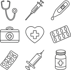 Medical Healthcare Line Icons – Stethoscope, Ambulance, Pill & Medical Symbol Vector Set