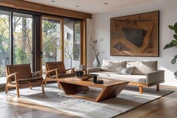 A mid-century modern wooden living room with sleek wooden furniture, a geometric wooden coffee table, and clean lines. The space has a minimalist vibe with natural wood finishes. 