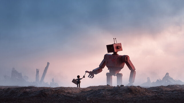 A poignant image showing connection between humanity and technology. A child offers a gift to a giant robot amid postapocalyptic ruins, symbolizing hope, resilience, and future.