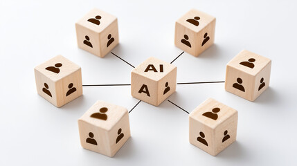 Artificial intelligence concept with wooden cubes connected by lines, symbolizing network and collaboration in technology and communication