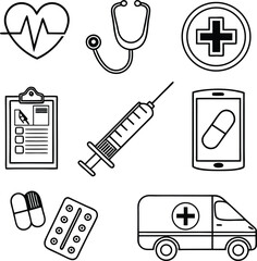 Medical Healthcare Line Icons – Stethoscope, Ambulance, Pill & Medical Symbol Vector Set