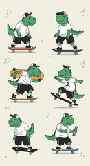 Fototapeta premium Pixel art dinosaurs shredding on skateboards performing awesome tricks