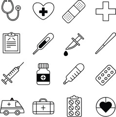 Medical Healthcare Line Icons – Stethoscope, Ambulance, Pill & Medical Symbol Vector Set