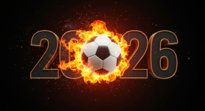 Fiery Football 2026 - A soccer ball engulfed in flames, set against the backdrop of the year 2026. Perfect for sports, competition, and excitement themes - Powered by Adobe