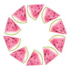 Watermelon round frame. Hand drawn watercolor illustration. Melons arranged in a circle