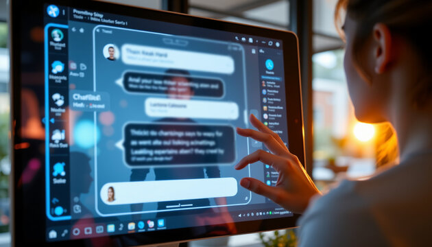  ai chat bot conversation interface on virtual screen, person interacting on the right side, with clear copy space on the left.