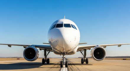 Obraz premium A large passenger airplane sits on a runway, ready for takeoff under a clear blue sky.