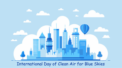 International Day of Clean Air for Blue Skies vector illustration, pastel blue white palette, modern city skyline, soft clouds, hot air balloons, minimalist flat design, clean background, scalable pos