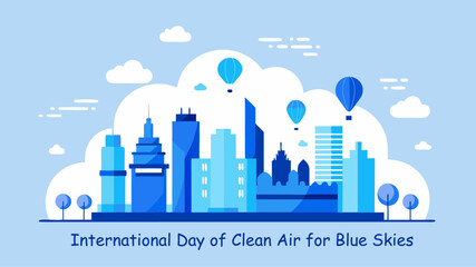 Obraz premium International Day of Clean Air for Blue Skies vector, minimalist city skyline, pastel blue sky, white clouds, hot air balloons, modern flat design, clean background, elegant text, scalable poster art