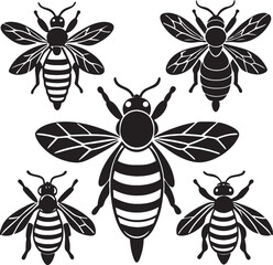 Collection of stylized black and white bee silhouettes with varied poses