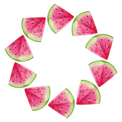 Watermelon round frame. Hand drawn watercolor illustration. Melons arranged in a circle
