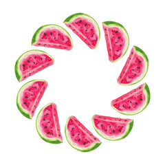 Watermelon round frame. Hand drawn watercolor illustration. Melons arranged in a circle