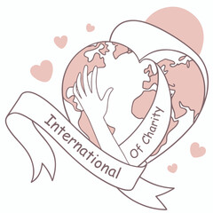 Heart-shaped Earth with hugging hands, ribbon banner reading 