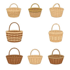 Collection of nine assorted woven baskets with handles on a white background