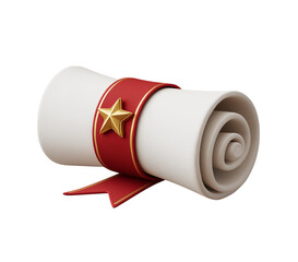 A white and red medal, tied around the rolled-up bottom of an A4 paper scroll with a star-shaped badge on it. The background is pure white. It's a cartoonish style, a 3D rendering in the style