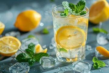 Fototapeta premium A refreshing glass of lemonade with slices of lemon, mint leaves, and ice cubes on a hot summer day 