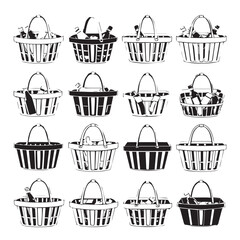Collection of sixteen black and white shopping baskets filled with groceries