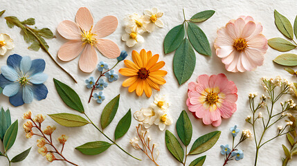 Obraz premium Pressed Flowers and Leaves Flatlay on Handmade Paper
