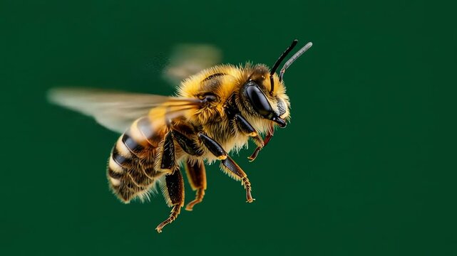 Closeup of a bee in flight defined by yellow and black stripes and visible wings set against a green backdrop