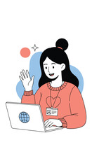 Engaged young woman working on a laptop with a friendly greeting