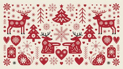 Red Scandinavian Christmas pattern with reindeer and trees