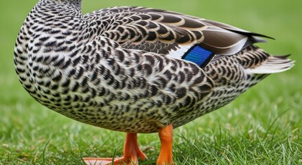 A mottled duck stands on green grass, showing its blue wing patch and orange feet.