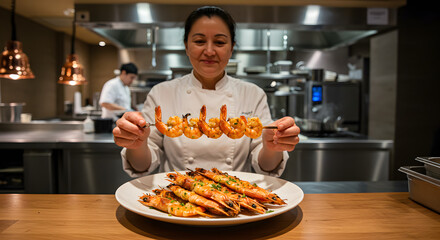 Grilled prawns skewer and platter held by a chef in a professional kitchen.