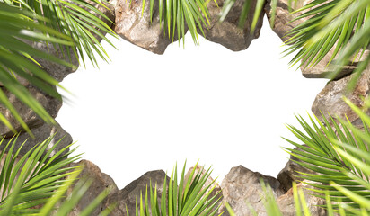 Tropic palm leafs holiday and rocks frame on transparent backgrounds 3d rendering png