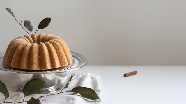 Minimalist bundt cake on light background with linen and leaves. Elegant dessert scene
