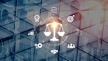 Futuristic digital law interface displaying justice scale, highlighting digital law, AI compliance,...