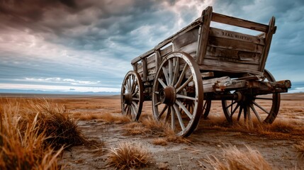 Old wooden wagon sitting in a field under stormy sky