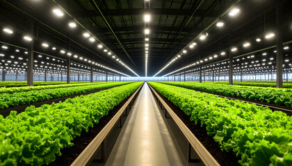 Indoor Farm with Vibrant Green Plants Growing Under Bright Lights Modern Sustainable Agriculture Technology