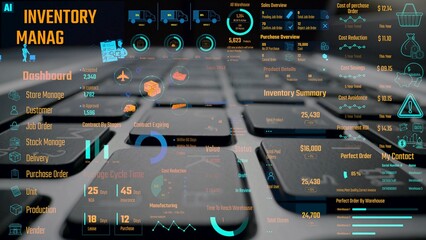 Inventory management dashboard showing supply chain performance, stock levels, order cycle times,...