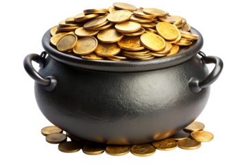 Black Pot Overflowing with Shiny Gold Coins: Wealth, Prosperity, and Fortune Concept.