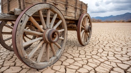 Obraz premium Old wooden wagon wheels resting on dry cracked earth in desert landscape