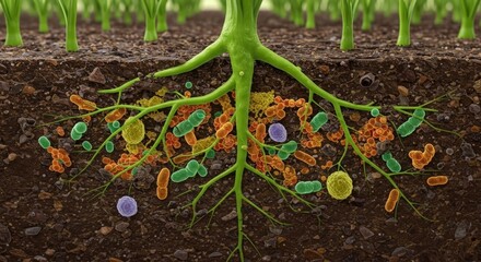 Cross-section of plant roots with microorganisms, showing soil composition and biological activity.
