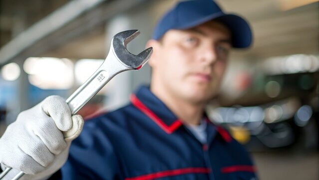 A close-up, shallow depth-of-field photograph showing a person, likely a mechanic, holding up a large wrench. The wrench is in sharp focus in the foreground, held by a hand wearing a white glove. 